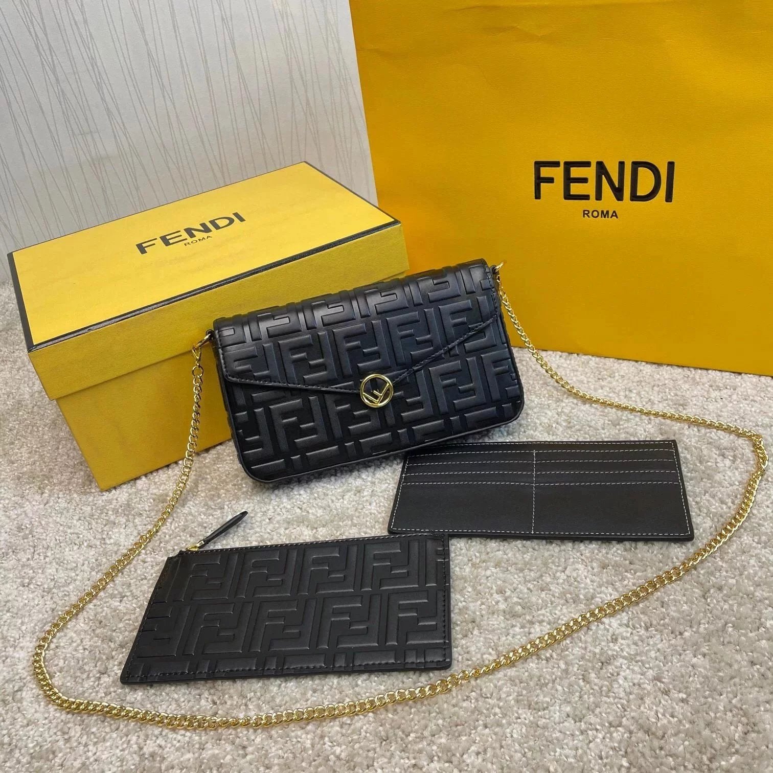 FENDI Women's Bag Top version Three-in-One Embossing WOC Chain Bag Presbyopic LOGO Embossed Double F Underarm Bag Shoulder Crossbody Clutch Women's Bag