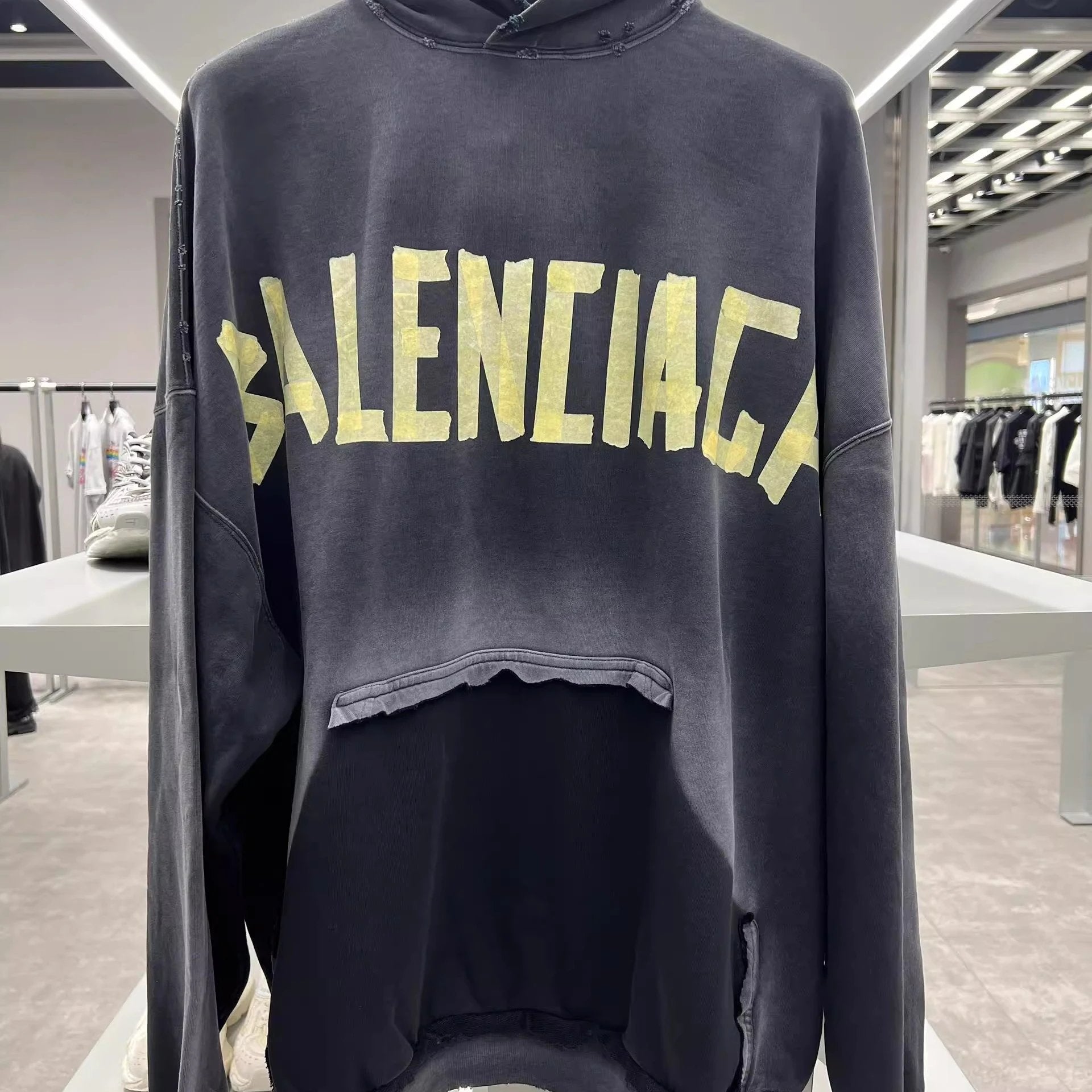 Balenciaga Hoodie New Washed Faded Gray Tape Letters logo Printed hoodie