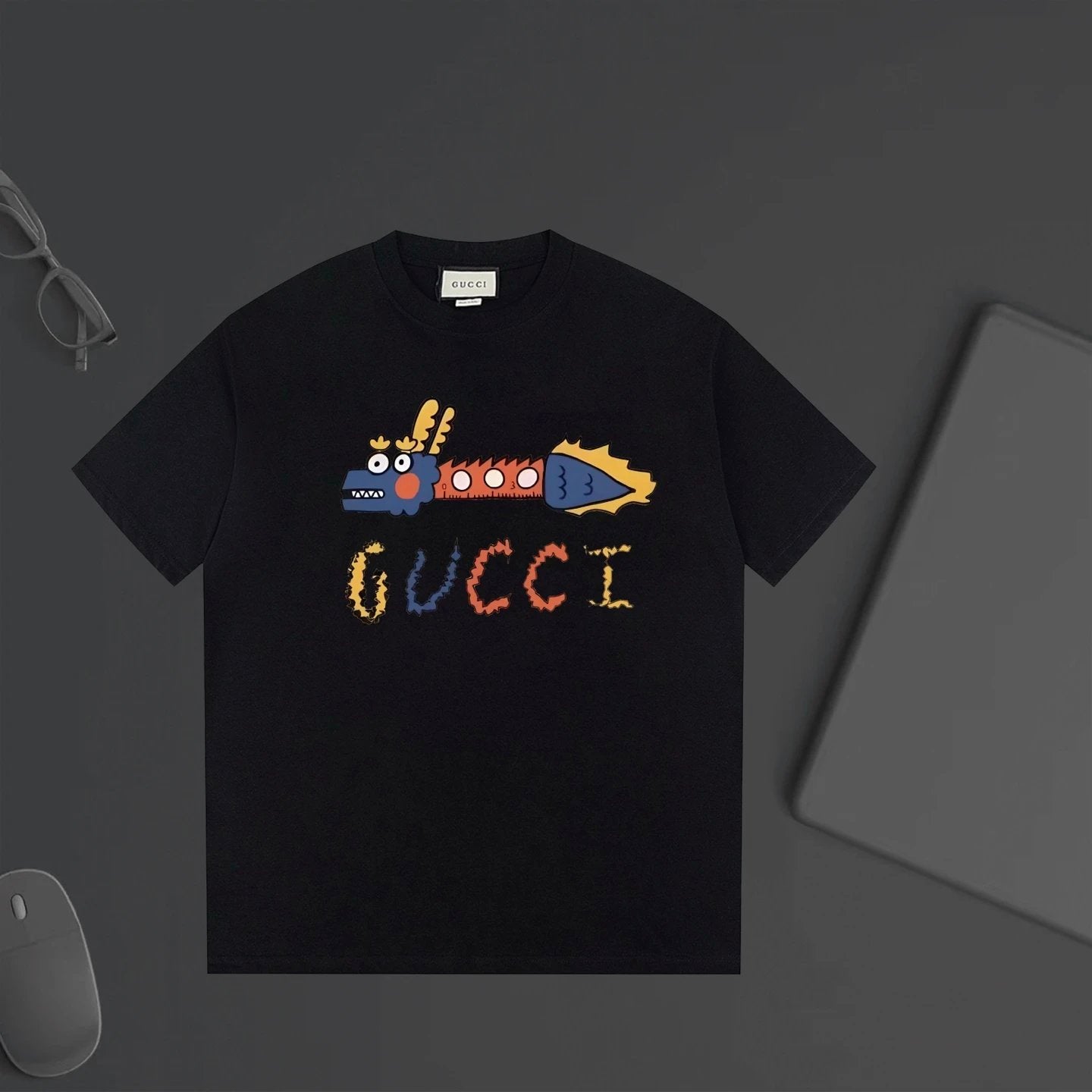 Gucci T-shirt Cartoon Dragon Print with Chest Letters logo round Neck Short Sleeve25ss New pure cotton T Unisex T-Shirt OS Drop Shoulder Loose Fit Base Shirt Top T-Shirt Short Sleeve