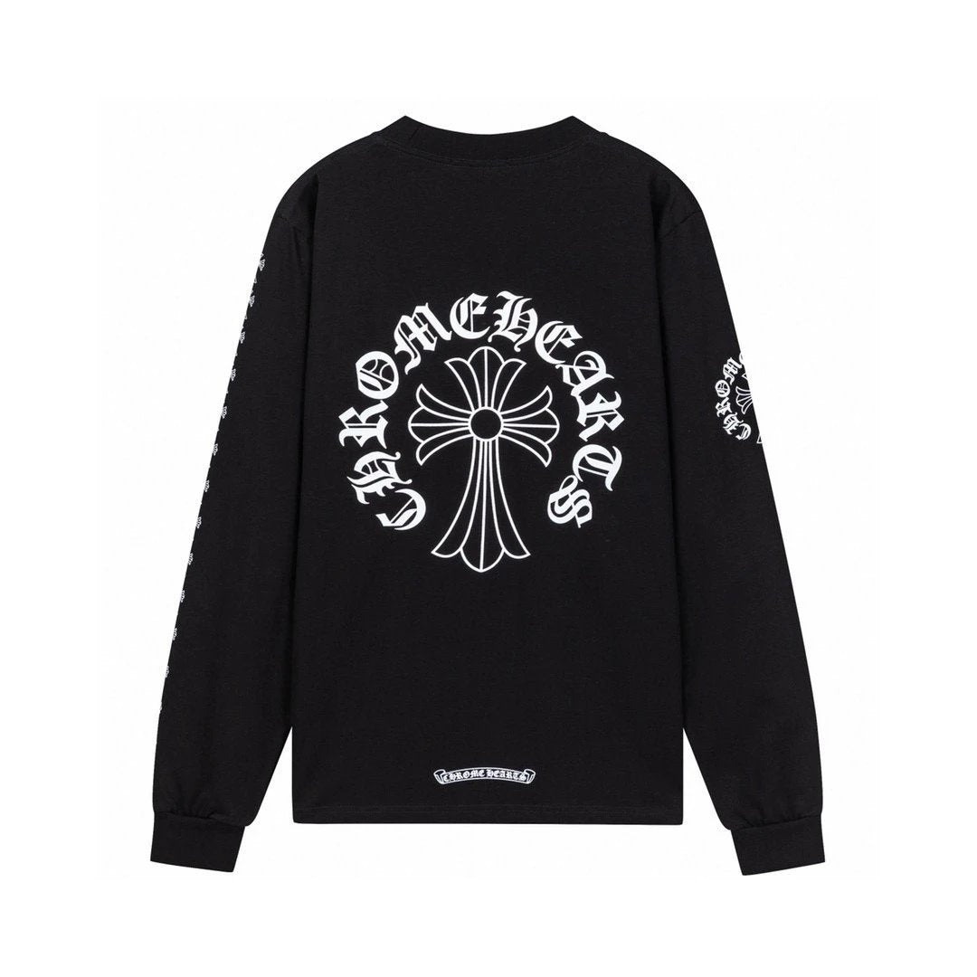 Chrome Hearts Hoodie Top Version2024New Fashion Brand Sanskrit Letter Printing Blue Letter Horseshoe Cross Pure Cotton Men's and Women's Long Sleeve T T-shirt