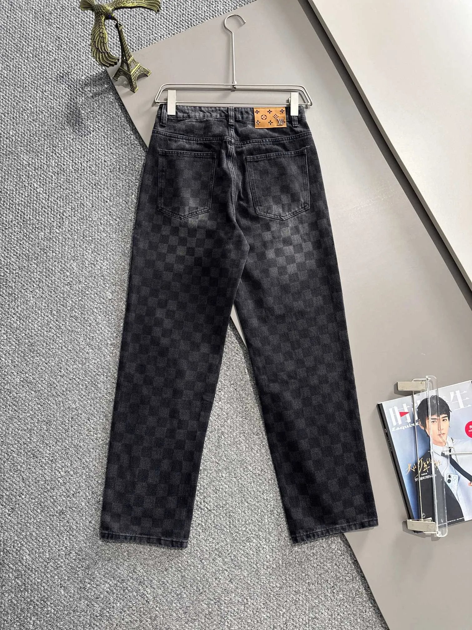 Louis Vuitton LV Jeans Checkerboard25ss Spring Summer New Straight Leg Jeans Waist Adjustable Unisex Loose Fit Long Pants
