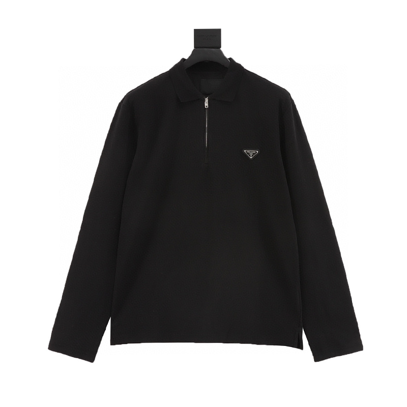 PRADA Hoodie Triangle Mark Long Sleeve Polo Shirt for Men and Women