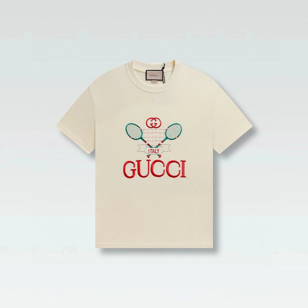 Gucci T-shirt Chest Badminton Racket Print logo round Neck Short Sleeve25ss New pure cotton T Unisex T-Shirt OS Drop Shoulder Loose Fit Base Shirt Top T-Shirt Short Sleeve