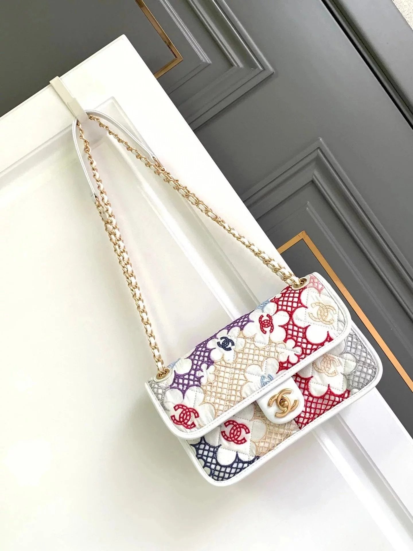 Chanel Women's Bag Top version Limited Grandma New CF Flap Bag Woven Lace Colored Mosaic Women Bag Orange Dreamy Sweet Candy Girl Summer Chain Bag Shoulder Bag Crossbody Bag Underarm Bag