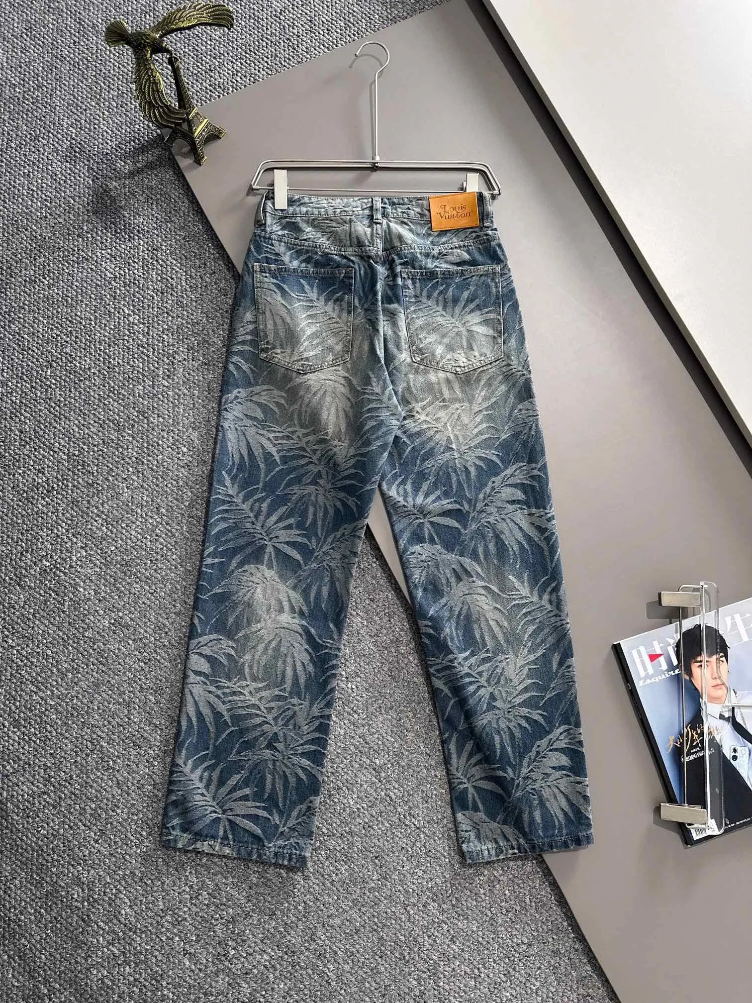 Louis Vuitton LV Jeans Jacquard Leaf Hole25ss Spring Summer New Straight Leg Jeans Waist Adjustable Unisex Loose Fit Long Pants