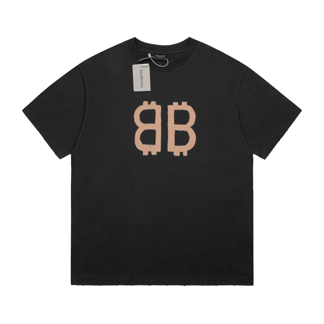 Balenciaga T-shirt Double-breasted B Printed Distressed Crew Neck Short Sleeve25ss New pure cotton T Unisex T-Shirt OS Drop Shoulder Style Base Shirt Top T-Shirt Half Sleeve