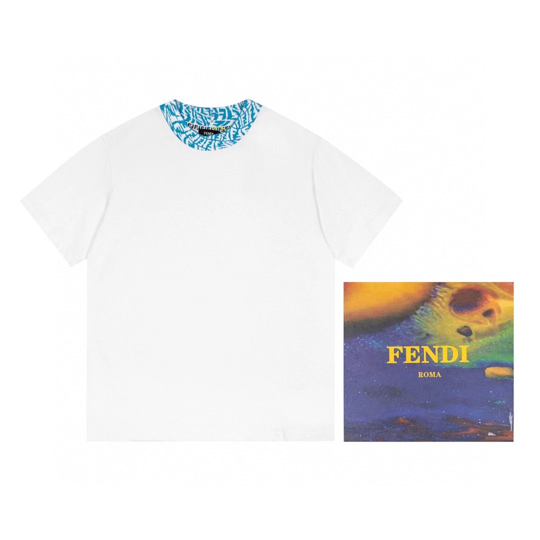 FENDI T-shirt Top Version Neckline Tape Men's and Women's Casual Short Sleeve