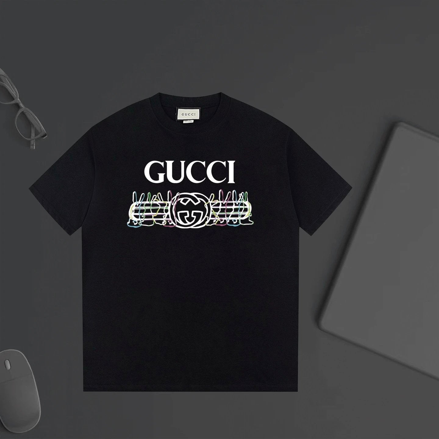 Gucci T-shirt Chest Color-Block Letter Line Print logo round Neck Short Sleeve25ss New pure cotton T Unisex T-Shirt OS Loose Fit Base Shirt Top Half Sleeve T-Shirt