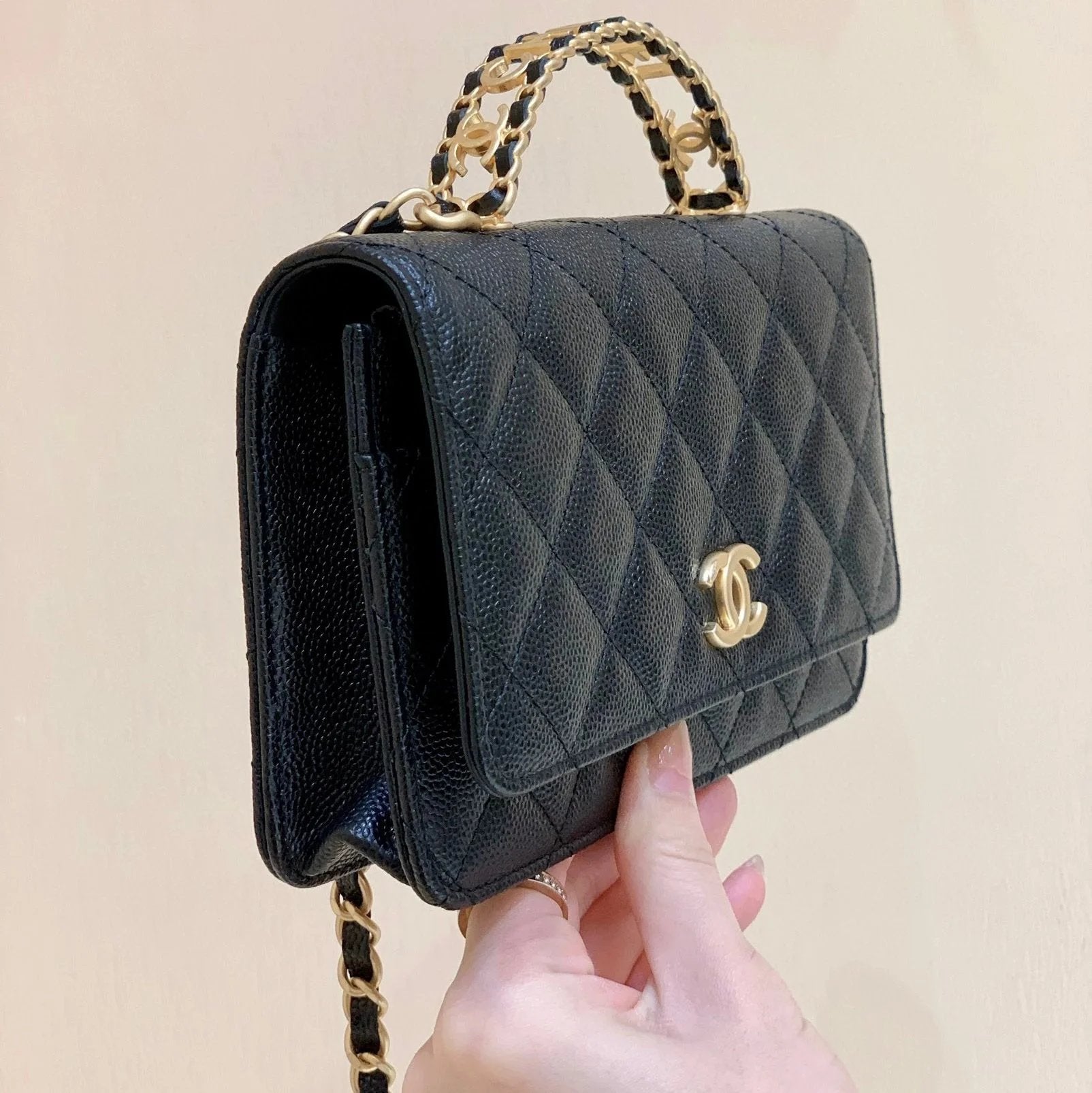 Chanel Women's Bag Top version 【Original Leather】New22ss Spring and Summer New Stewardess Bag Letter Handle woc Hollow Letter Cowhide Ball Pattern Handle Bag Shoulder Messenger Bag Chain Bag Women's Bag WOC#AP2804Sesame Grain Litchi Grain