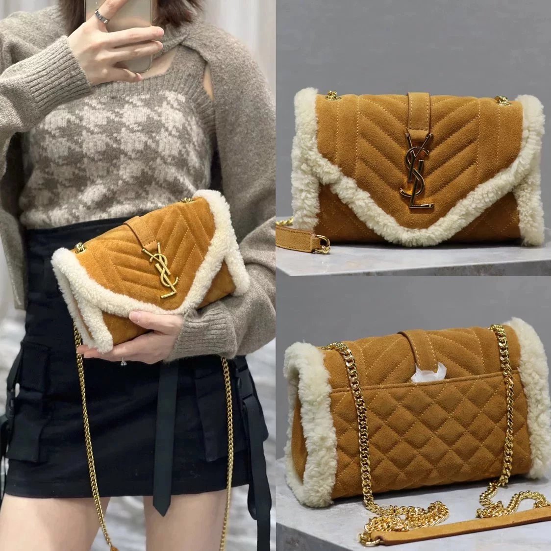 YSL Women's Bag Top version Level Surrogate Shopping2023Winter Hot New Envelope New Lamb Suede WOC Fortune Bag Shoulder Messenger Bag Chain Handbag Flap Women Bag Commute Leisure Stylish Bag