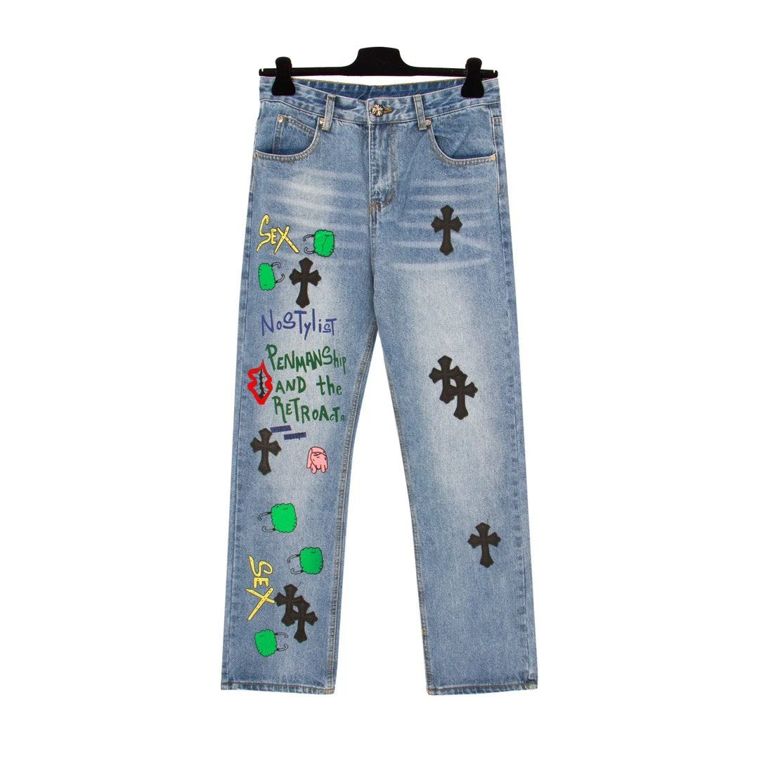 Chrome Hearts Jeans Front Body Graffiti Print logo25ss Spring Summer New Straight Slim Fit Jeans Unisex Loose Fit Long Pants