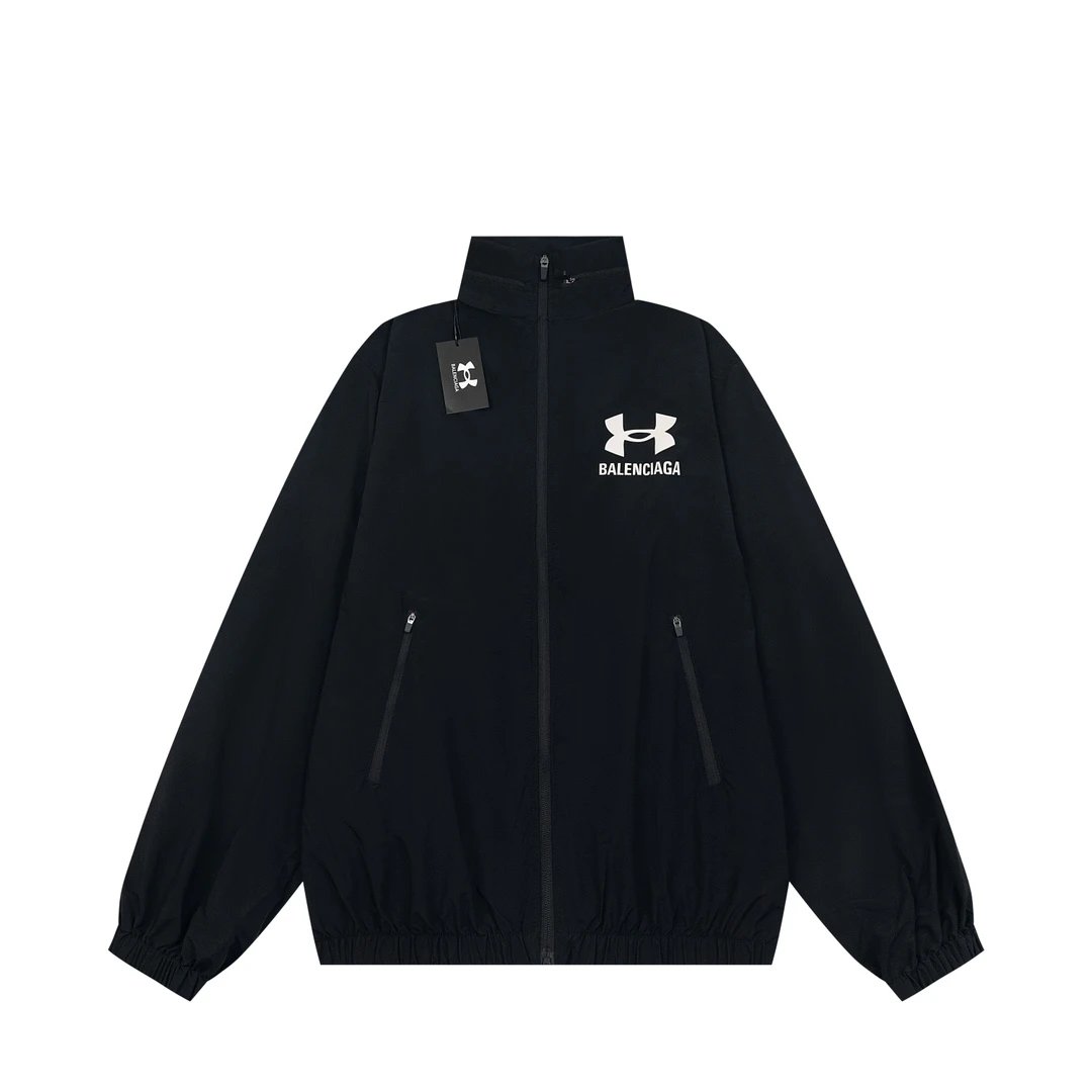 Balenciaga Jackets Collaboration Print Logo Waterproof Jacket with Hidden Hood, Casual Loose Stand Collar Cardigan Sportswear os Unisex Style24ss Autumn and Winter New Products