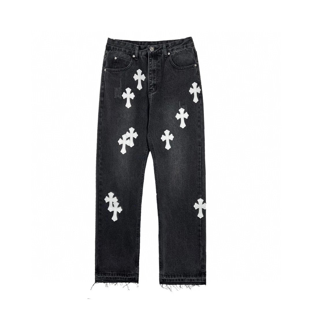 Chrome Hearts Jeans Top Version Straight Cross Jeans Women Retro Leisure Washed-out High Waist Wide Leg Pants