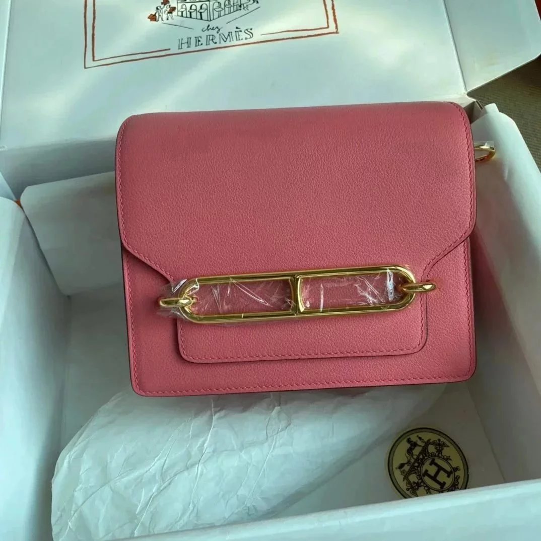 Hermes women's bag Top version Customized Real Shot Small Square Bag Pig Nose Bags Roulis19CMevercolor Leather Pig-Shaped Bun Gold Buckle Silver Buckle Flap Shoulder Messenger Bag Yang Mi Same Style Women Bag
