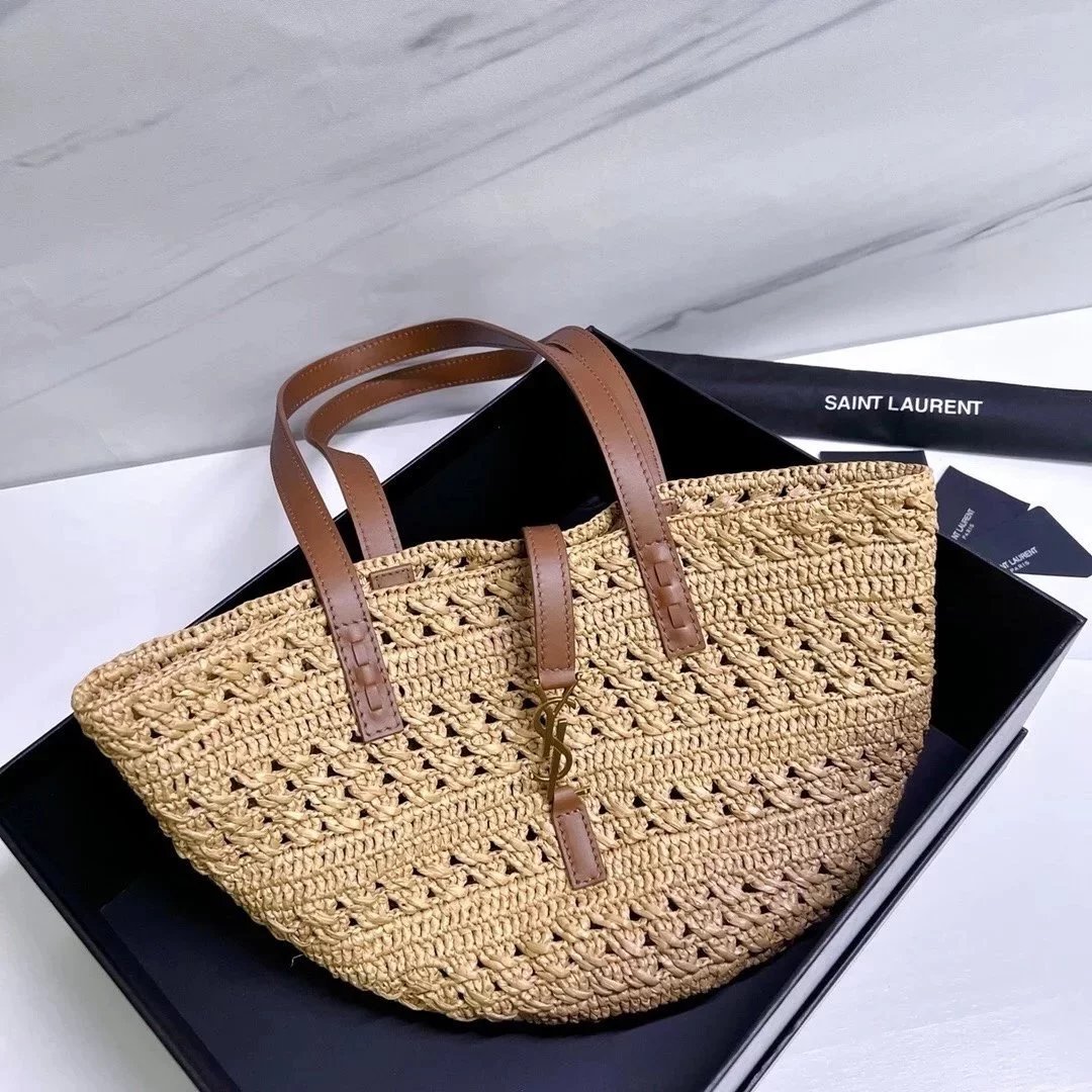 YSL Women's Bag Top version 【New Arrival】Latest Straw Bag SaintLaurentRaffiaTote Bag Shopping Bag Vegetable Basket Raffia Woven Bag Women's Bag Beach Bag Embellished Cowhide Leather Bag Strap and Buckle Bag Body Is Relatively Soft