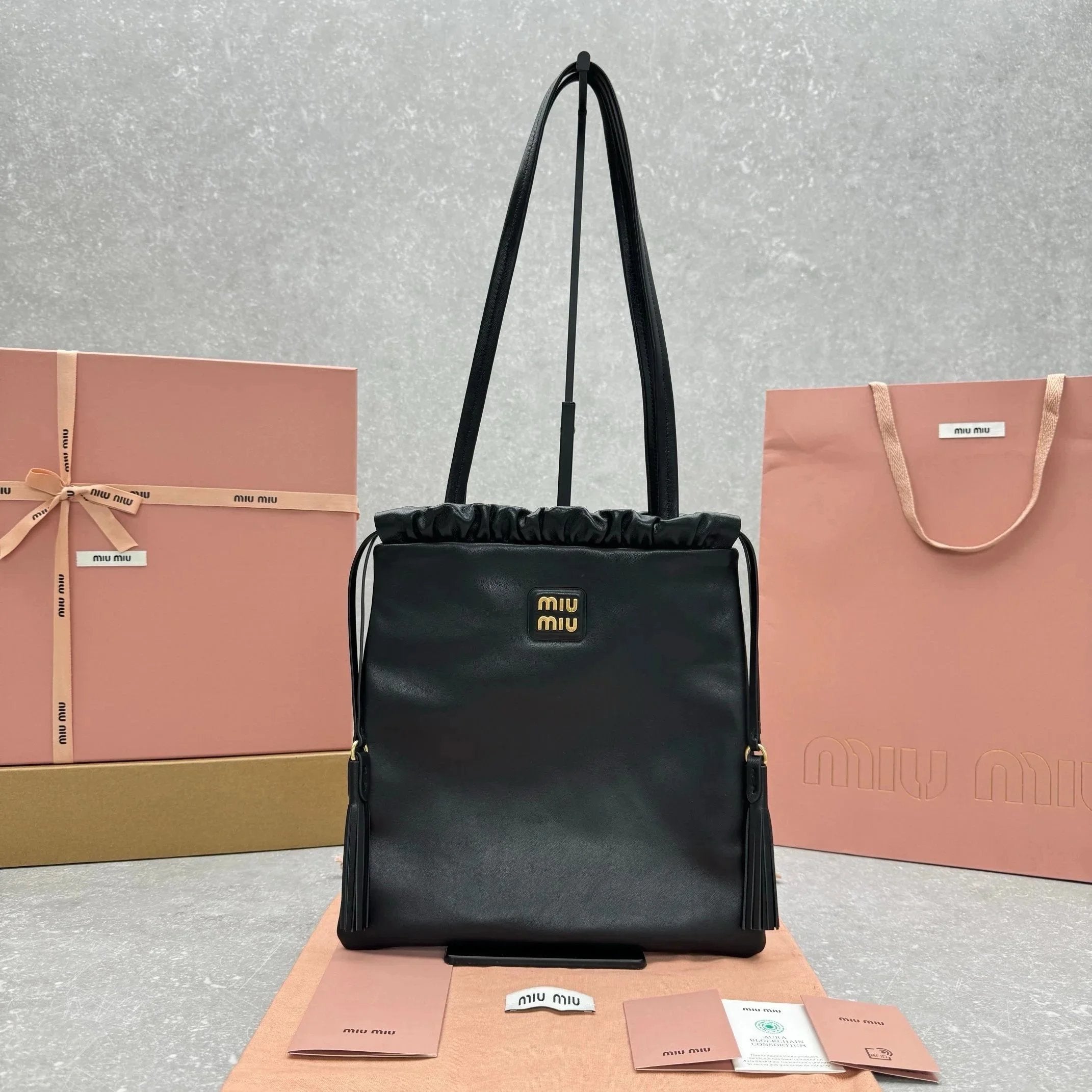 Miu Miu Bag Top version 【Exclusive Release of the Highest Edition】Autumn and Winter New Suede Lucky Bag Tote Bag Tassel Tote tote Handbag Women's Bag Latest Counter Style Drawstring Tassel Bag Lucky Bag Model No.：5714