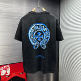 Chrome Hearts T-shirt Front and back blue horseshoe print logo round Neck Short Sleeve25ss New Pure Cotton Unisex Style T Casual T-Shirt Base Layer Shirt OS Loose Fit Half Sleeve Top Plus Size
