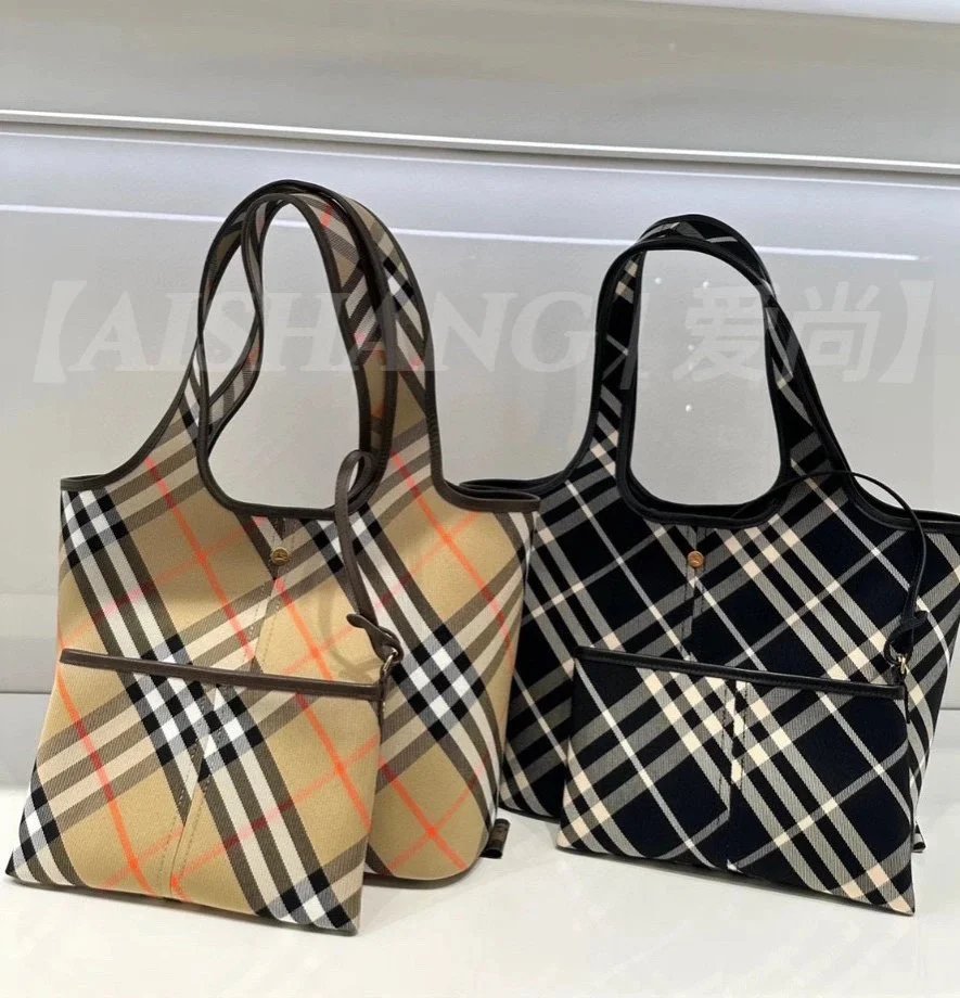 Burberry Women's Bag Top version 【Treasure Item】24New Soft Upright Tote Tote Bag Twill Waterproof Fabric Women's One Shoulder Handbag Shopping Bag Mummy Bag