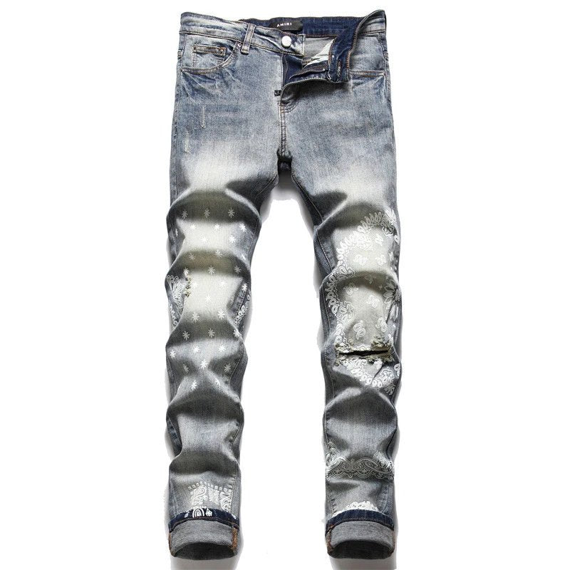 Amiri Jeans New Foreign Trade Style Fashion Blue with Holes Paste Cloth Embroidery Elastic Mid-Waist Feet Men's Jeans