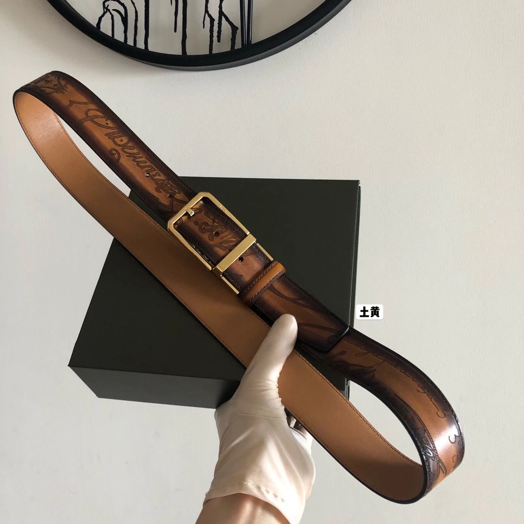 Berluti Belt Top version Original Single Men's New High-End Double-Sided Belt Waist Belt Pure Steel Rotating Pin Buckle Buckle Double-Sided Two-Color Totem Carving Carved Genuine Leather35mm Full Package Belt Men