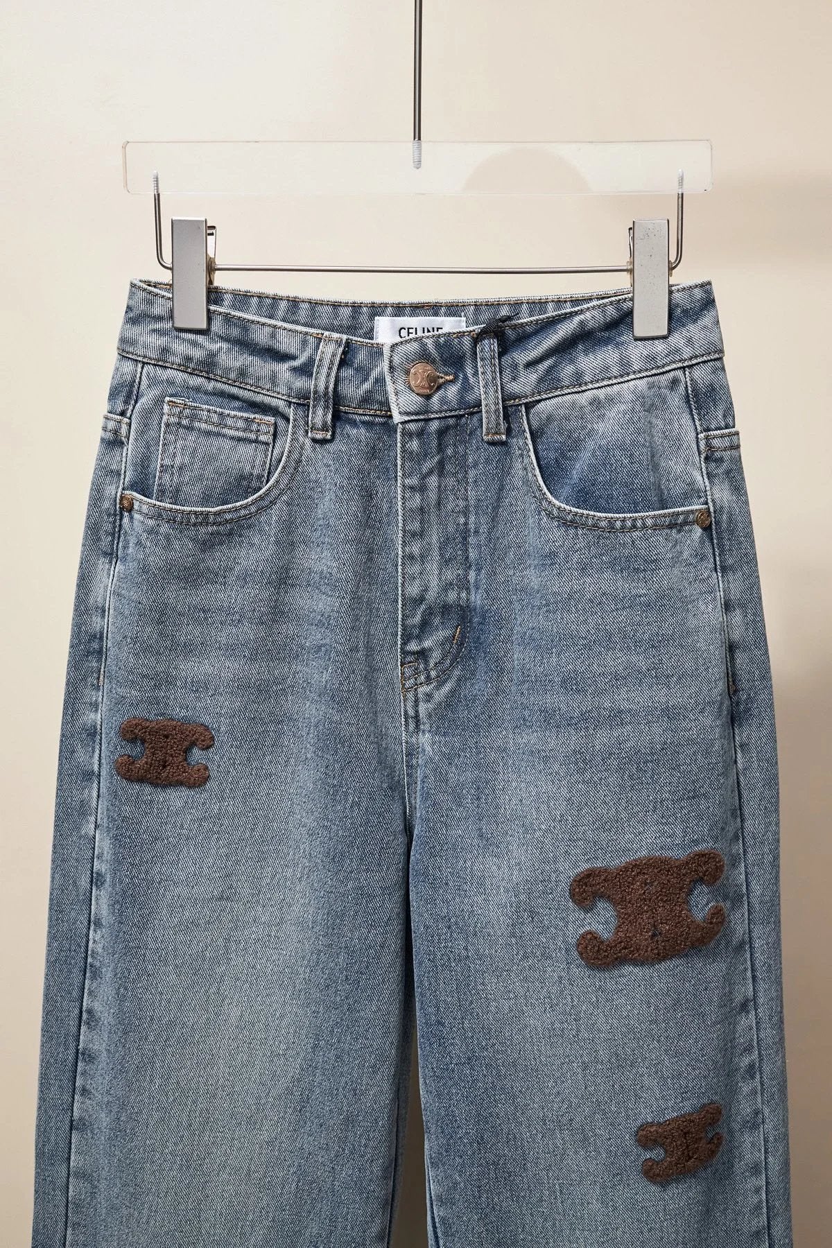 Celine Jeans Three-Dimensional Embroidery logo Women's Straight Leg Jeans Versatile Casual