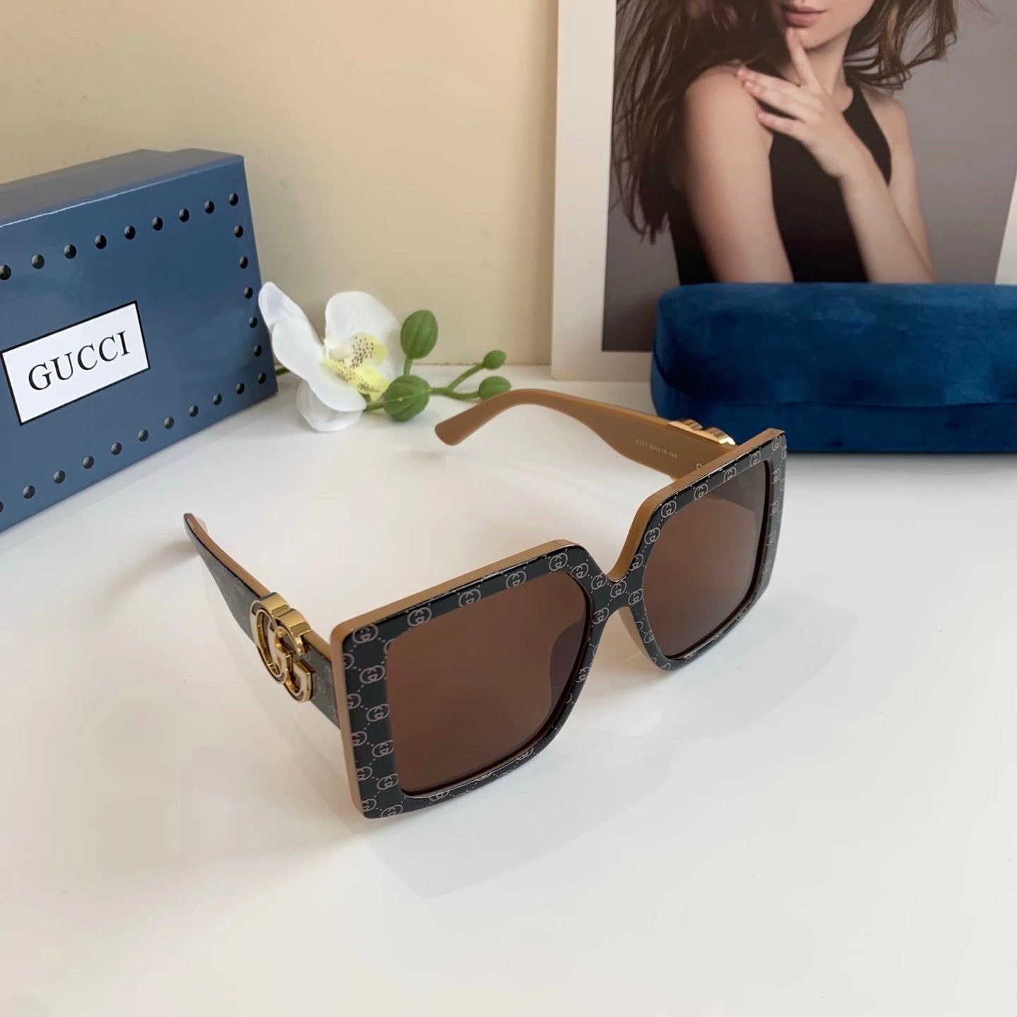 Gucci Sunglasses Full Print Jacquard Frame Sunglasses Slimming Non-Prescription Unisex Couple Style UV Protection Driving Beach Fishing25ss New Sports Casual Versatile