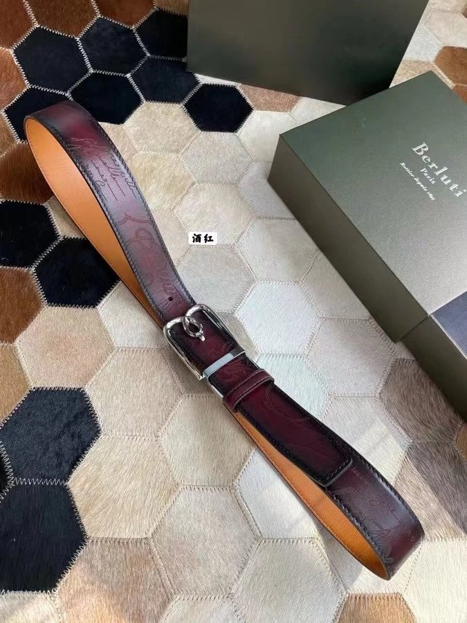Berluti Belt Top version Original Single Men's New High-End Double-Sided Belt Waist Belt Pure Steel Rotating Pin Buckle Buckle Double-Sided Two-Color Totem Carving Carved Genuine Leather35mm Full Package Belt Men