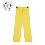 Chrome Hearts Jeans Dopamine Yellow logo25ss Spring Summer New Straight Slim Fit Jeans Unisex Loose Fit Long Pants