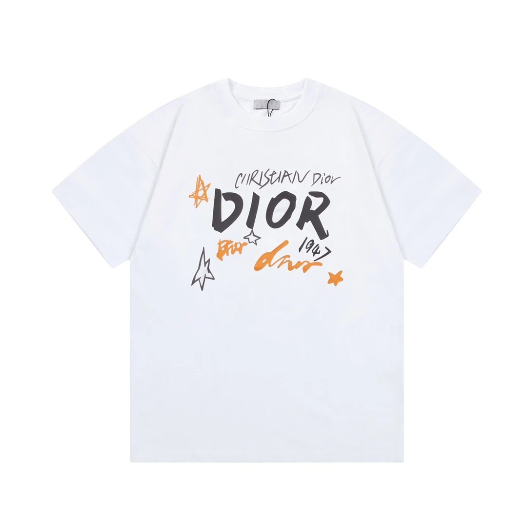 Dior T-shirt Chest Letter Graffiti Print logo round Neck Short Sleeve25ss New pure cotton T Unisex T-Shirt OS Loose Fit Base Shirt Top Half Sleeve T-Shirt