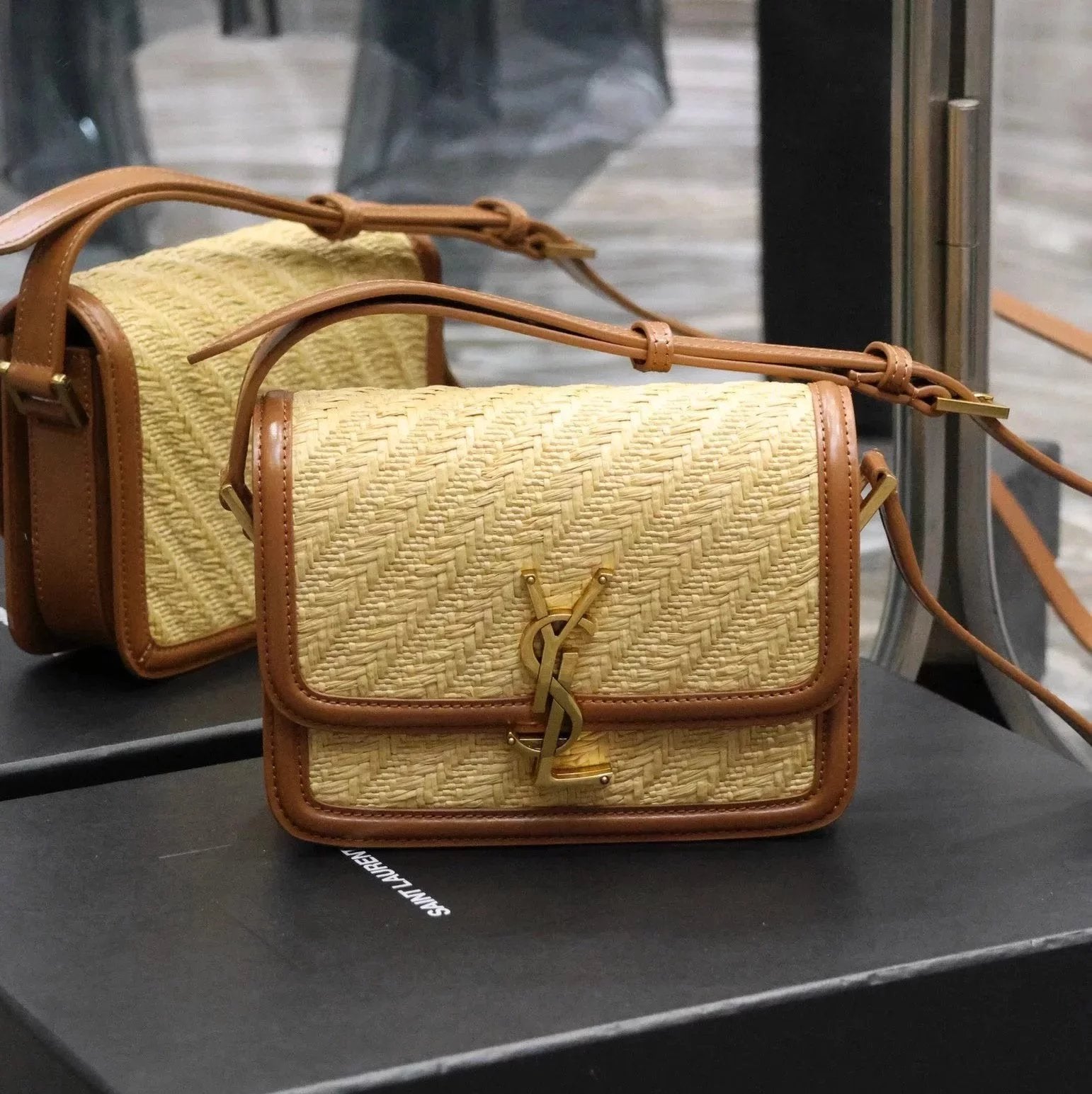 YSL Women's Bag Top version 【Super Quality】2023New woven bag Solferinobox_Apricot Bamboo Woven with Cowhide Gold Buckle Hollow Design Bamboo Woven Bag Raffia Series New Woven Square Bag Flap Messenger Bag Summer New Women's Bag