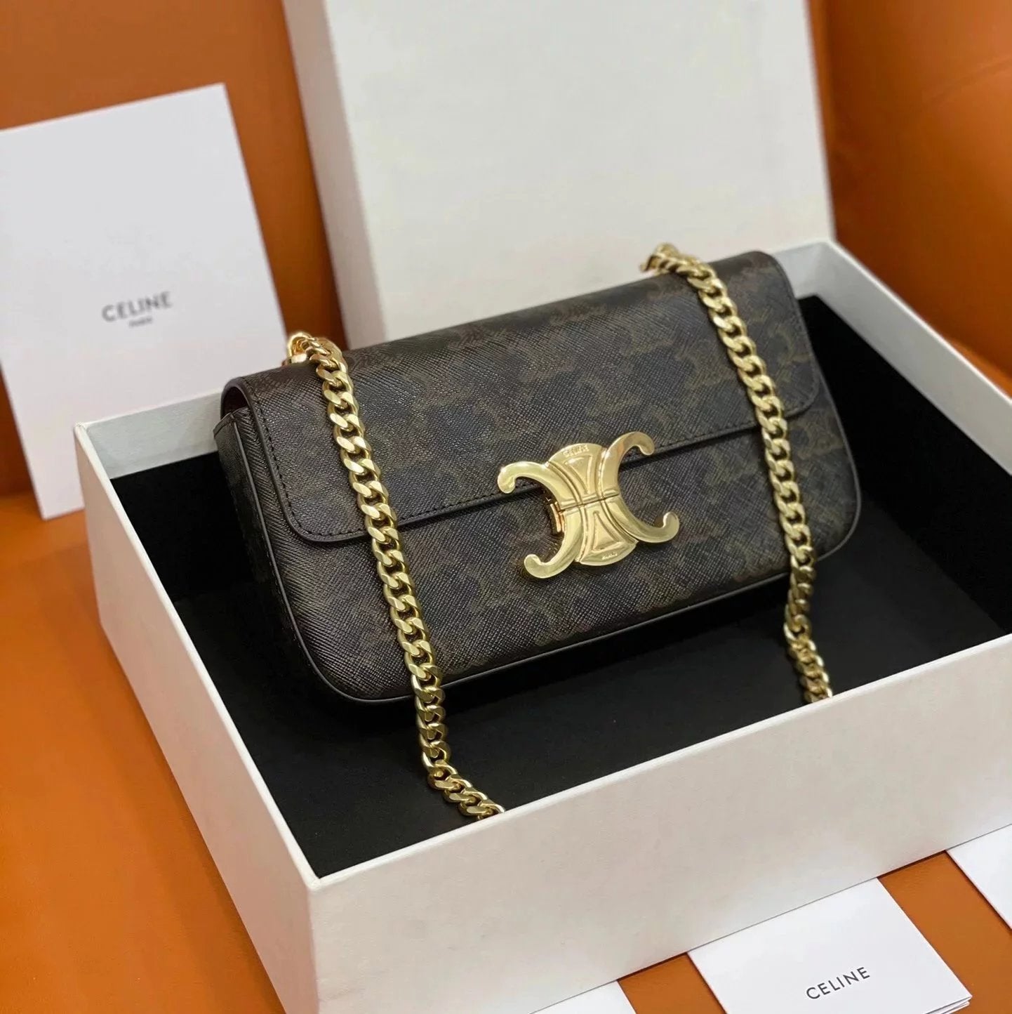 Celine women's bag Top version 【Original Leather】2022Spring and Summer New Triomphe Short Chain Small Size Arc De Triomphe Underarm Bag Cowhide Genuine Leather Bag Handbag Square Bag Women's Bag Underarm Bag Clutch Mini Chain Bag197993