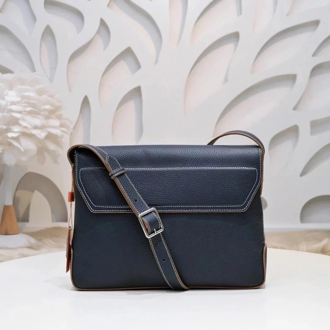 Hermes men's bag Top version Genuine Goods Grade New Classic Men's Fashion Flap Bag Crossbody Bag Men's Casual Shoulder Bag Men's Bag First Layer Cowhide Handbag Khaki Full Leather Black Canvas Handmade Big Bag