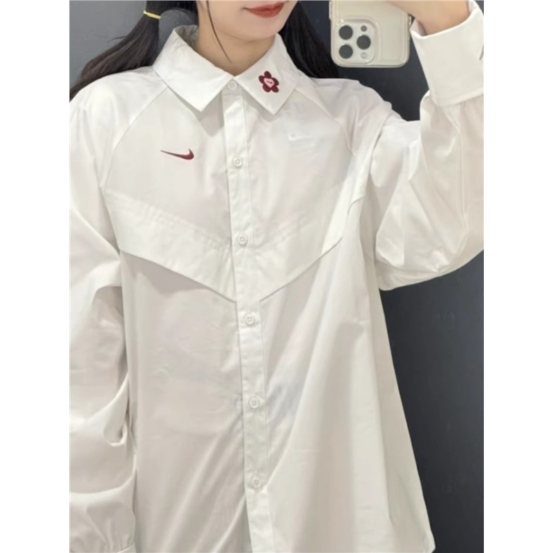 Nike Women's Jackets Spring New Sports and Leisure Lapel Long Sleeve Shirt Embroidery Small Flower Loose Breathable POLO Coat