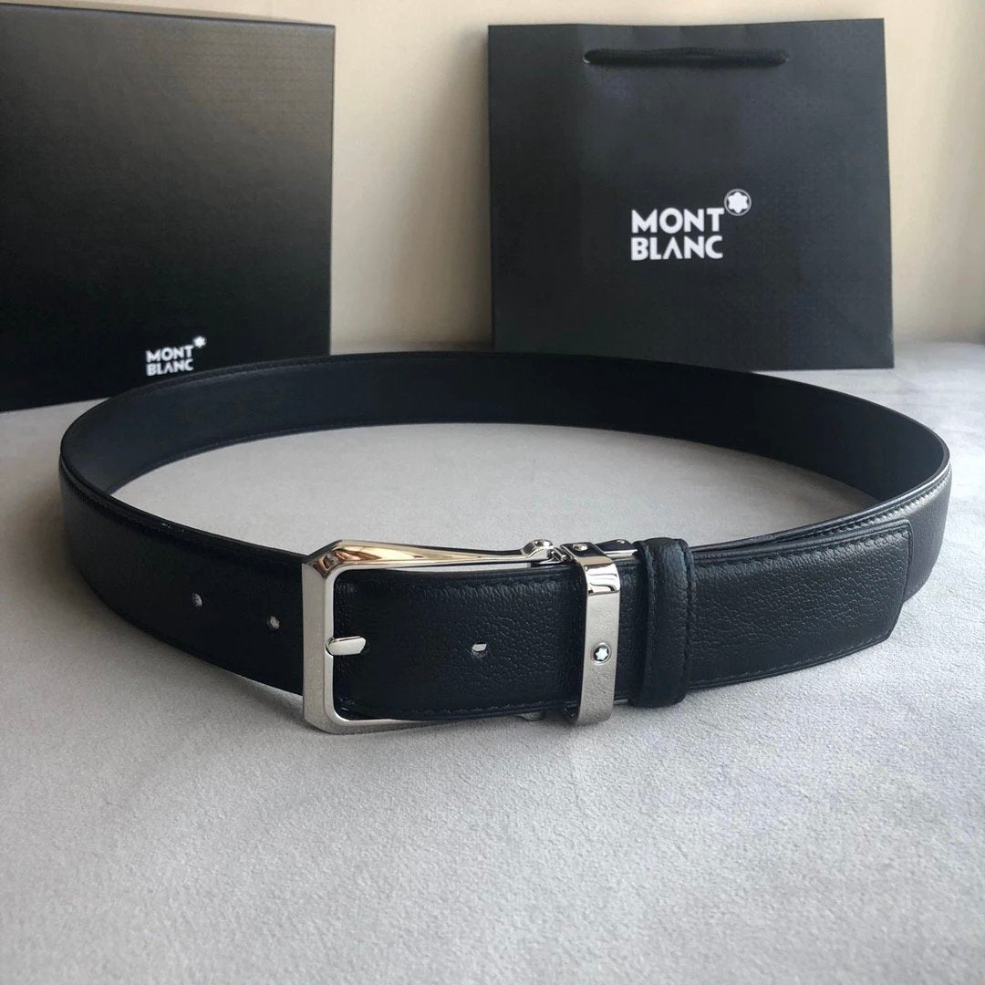 Montblanc Belt Top version 【Original Factory】Men's Leather Belt Width3.5cm Quality Full Set Packaging Pin Buckle Original Imported Double-Sided Head Layer Cowhide 100% Original Pure Brass Buckle Dual-Use Fashion Elegant Boys Belt M Home New Custom Latest