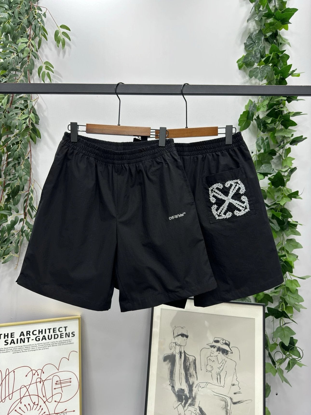 OFF-White Shorts Top Version23SS Embroidered Arrow Shorts Cropped Pants Men's and Women's Same Loose Casual Pants