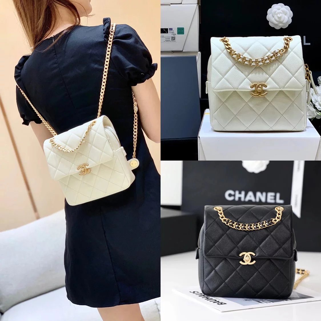 Chanel Backpack Bag Top version 【**Version】22Spring and Summer New ado Black Gold Caviar Cowhide Chain Zipper Flip Vintage Backpack Original Factory HAAS Litchi Cowhide AS3108Backpack Fashionable Large Capacity Practical All-Match Bag Women's Backpack