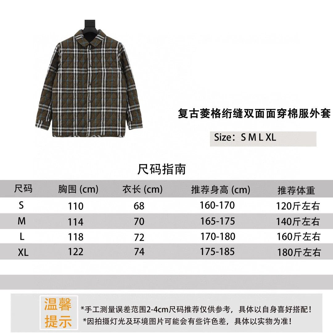 Burberry Jackets Retro Rhombus Quilted Double-Sided Surface Wear Cotton Coat Jacket Same Style for Men and Women