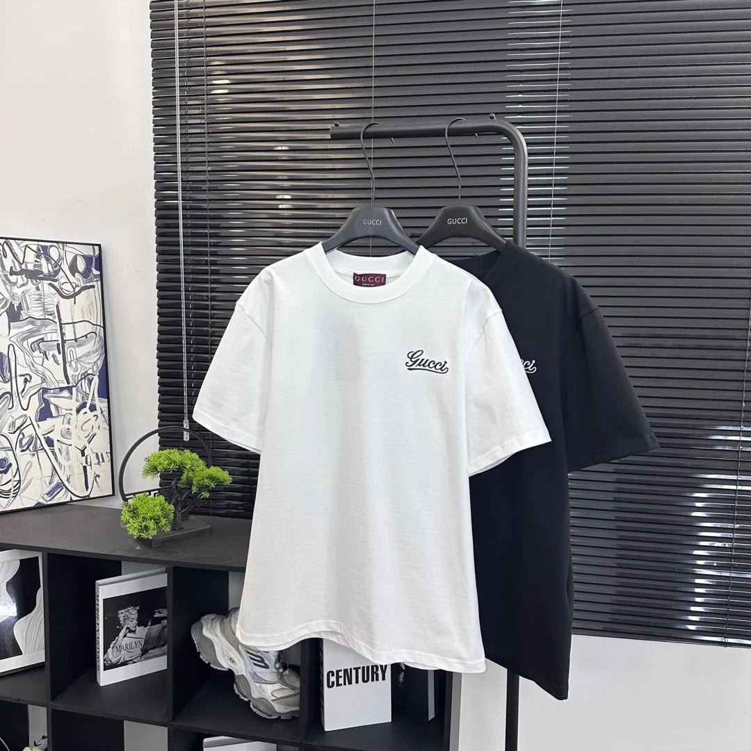 Gucci T-shirt Small Letter Embroidery on Left Chest logo round Neck Short Sleeve25ss New pure cotton T Unisex T-Shirt OS Loose Fit Base Shirt Top Half Sleeve T-Shirt