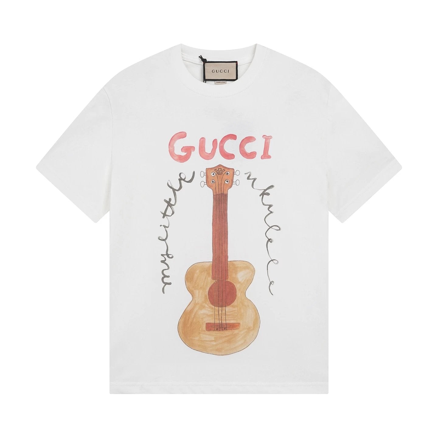 Gucci T-shirt Chest guitar print logo round Neck Short Sleeve25ss New pure cotton T Unisex T-Shirt OS Loose Fit Base Shirt Top Half Sleeve T-Shirt