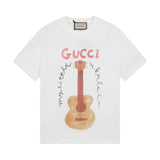 Gucci T-shirt Chest guitar print logo round Neck Short Sleeve25ss New pure cotton T Unisex T-Shirt OS Loose Fit Base Shirt Top Half Sleeve T-Shirt