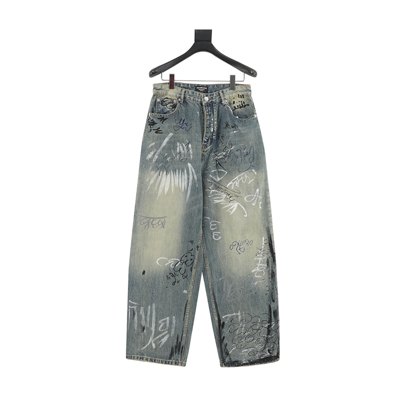 Balenciaga Jeans Hand-Painted Washed Loose Wide-Leg Jeans for Men and Women