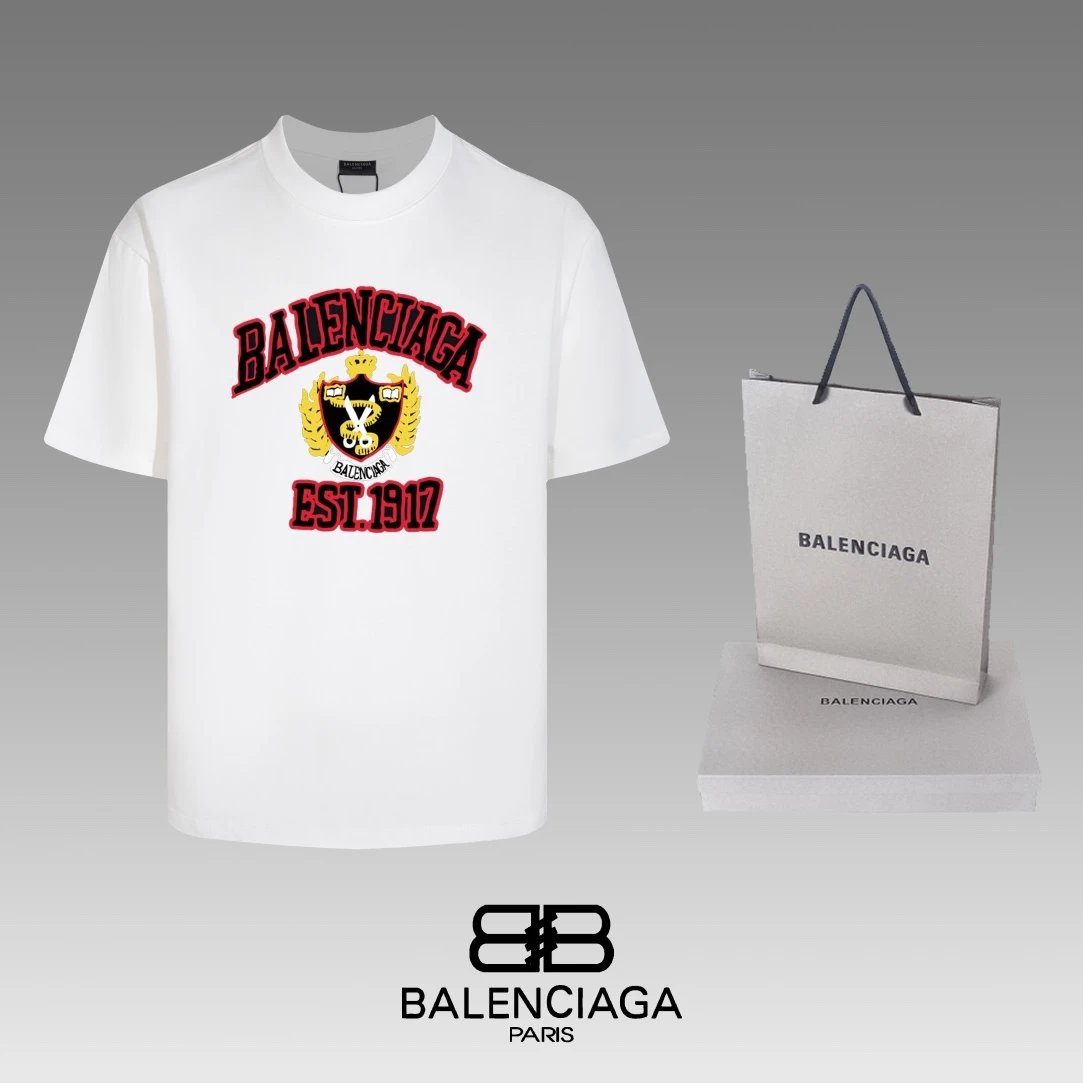 Balenciaga T-shirt Chest Letter Wheat Pattern Print logo round Neck Short Sleeve25ss New Pure Cotton Unisex Style T Casual T-Shirt Base Layer Shirt OS Loose Fit Half Sleeve Top Plus Size