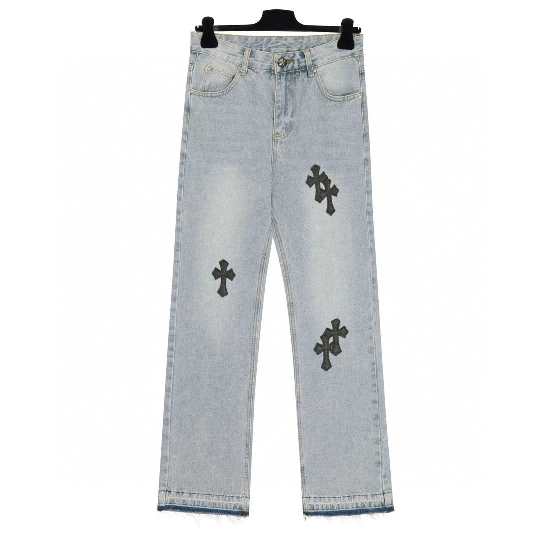 Chrome Hearts Jeans Cross Stitch Leather logo25ss Spring Summer New Straight Loose Jeans Unisex Slim Fit Long Pants