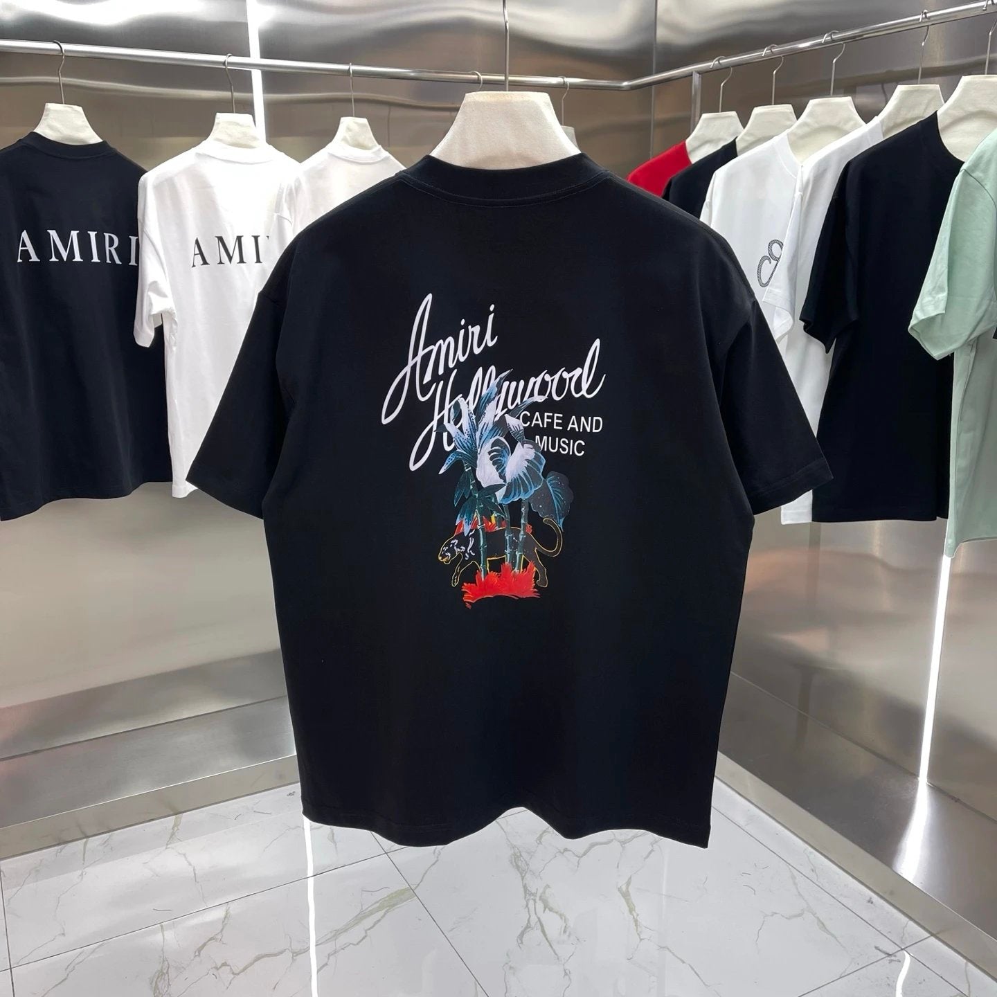 Amiri T-shirt Back Floral Tree Print logo round Neck Short Sleeve25ss New pure cotton T Unisex T-Shirt OS Loose Fit Base Shirt Top Half Sleeve T-Shirt