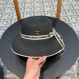 Chanel Hat Casual Sun Hat High Quality Fashion Big Brand Socialite Style Lampshade Billycock，Flat straw hat，Head Circumference57cm Low-Key Luxury Travel Essential