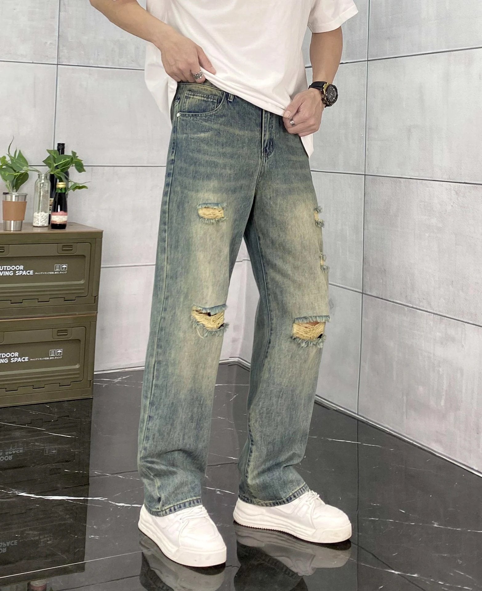 Burberry Jeans Ripped Straight-Leg Washed Blue Jeans Autumn Winter New Unisex Straight-Leg Long Pants Loose Casual Wide-Leg High Waist