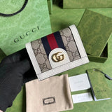 Gucci Wallet Top version Ophidia Series Small Card Holder Wallet Women's Short Wallet Card Clamp Short Wallet Women's Wallet Uses Advanced Artificial Canvas with Iconic Patterns and Stripe Braid