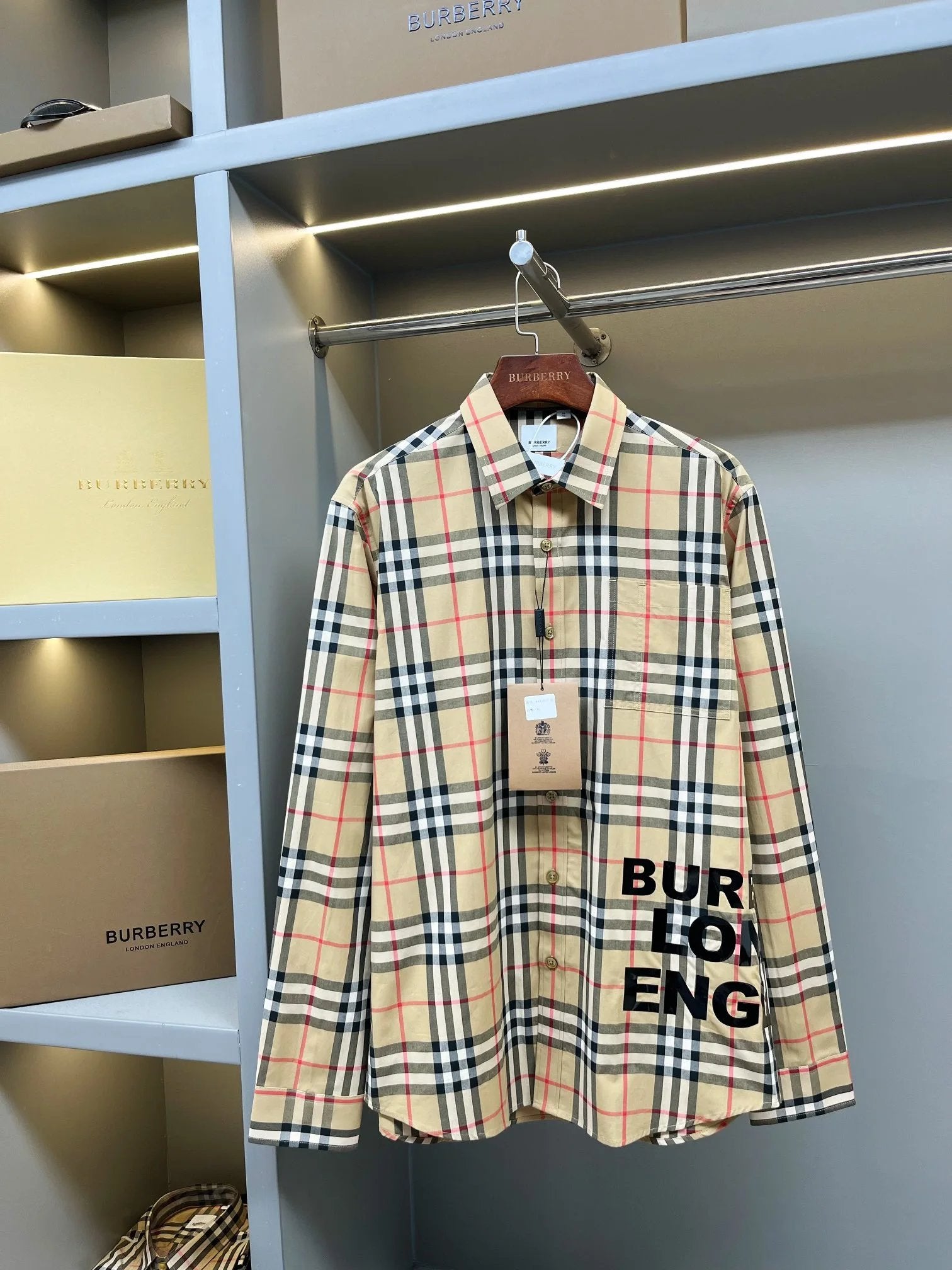 Burberry Shirt Logo Print Classic Plaid Cotton Long Sleeve Shirt Unisex Jacket Classic Beige