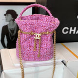 Chanel Women's Bag Top version 【High-End Version New】2022New Style Pink Woven Bucket Bag Lucky Bag Enamel Buckle Double C Handbag Coarse Woolen Handbag