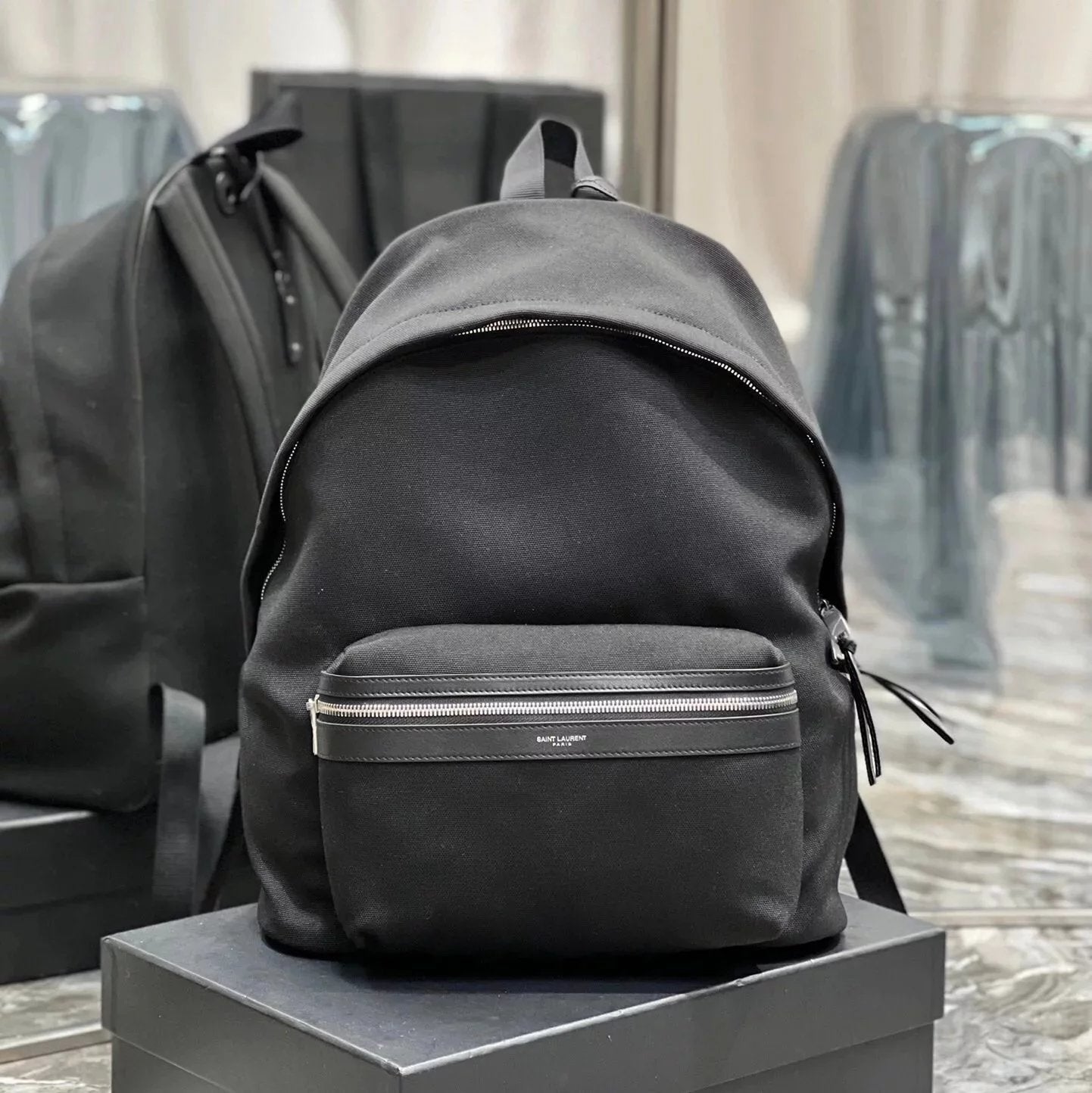 YSL Backpack Top version 【Super Original】Special Cabinet Version New Backpack Full Leather Leather Backpack Cotton Linen Cloth with Leather Fabric Canvas Backpack Backpack Hiking Backpack Large-Capacity Luggage Bag Backpack Men's Backpack Size Black Men's